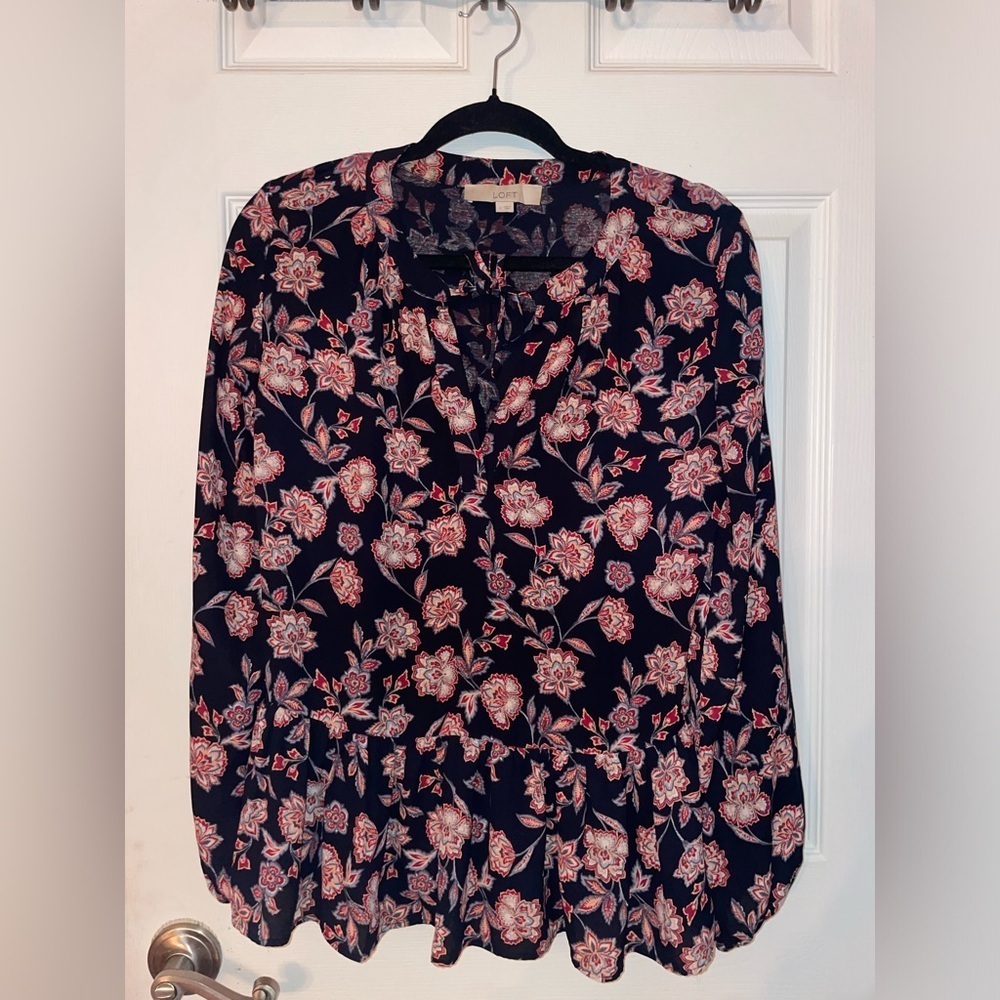 LOFT Floral Blouse in Navy and Pink